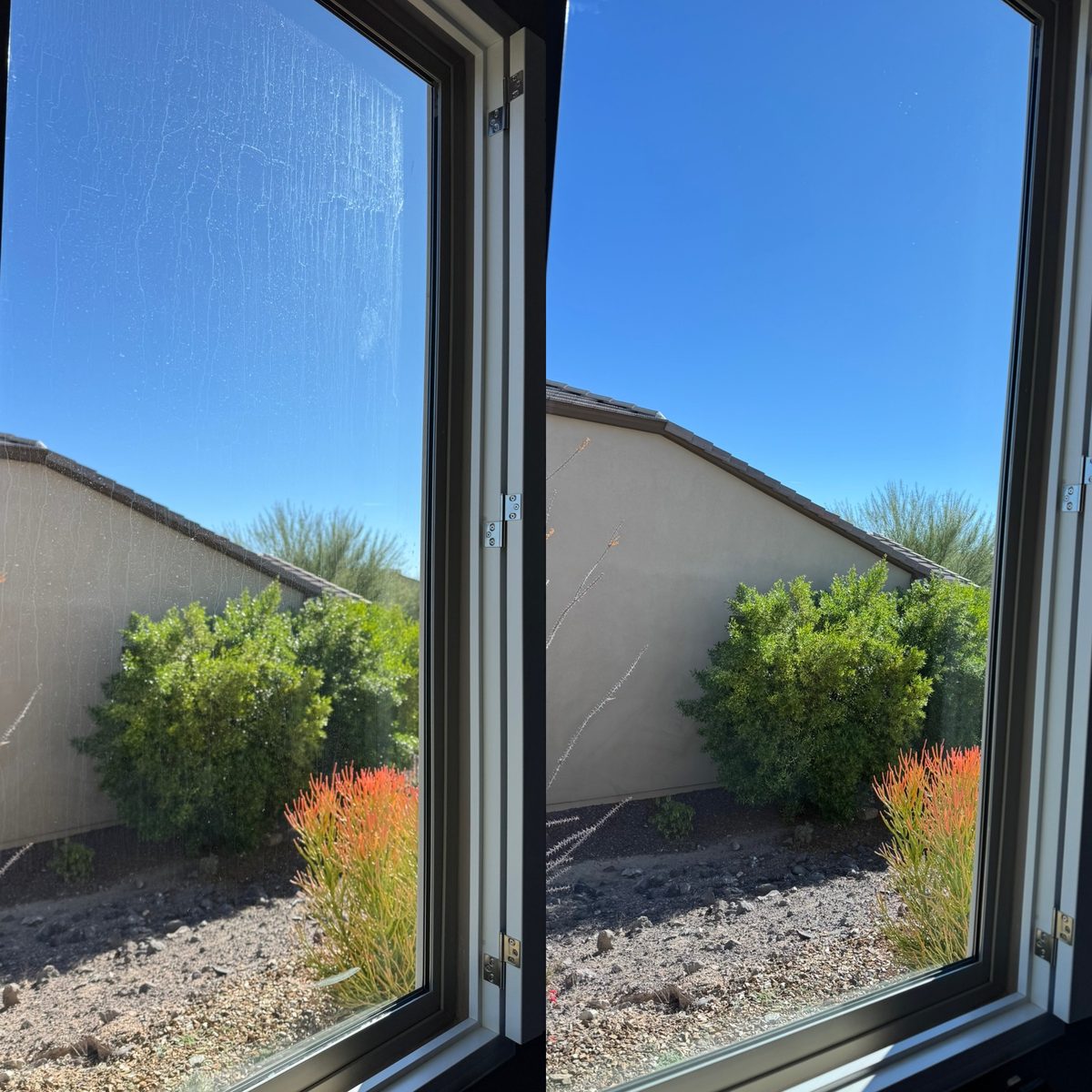 Before and after of a sliding glass door: dirty with debris on the left, spotless on the right